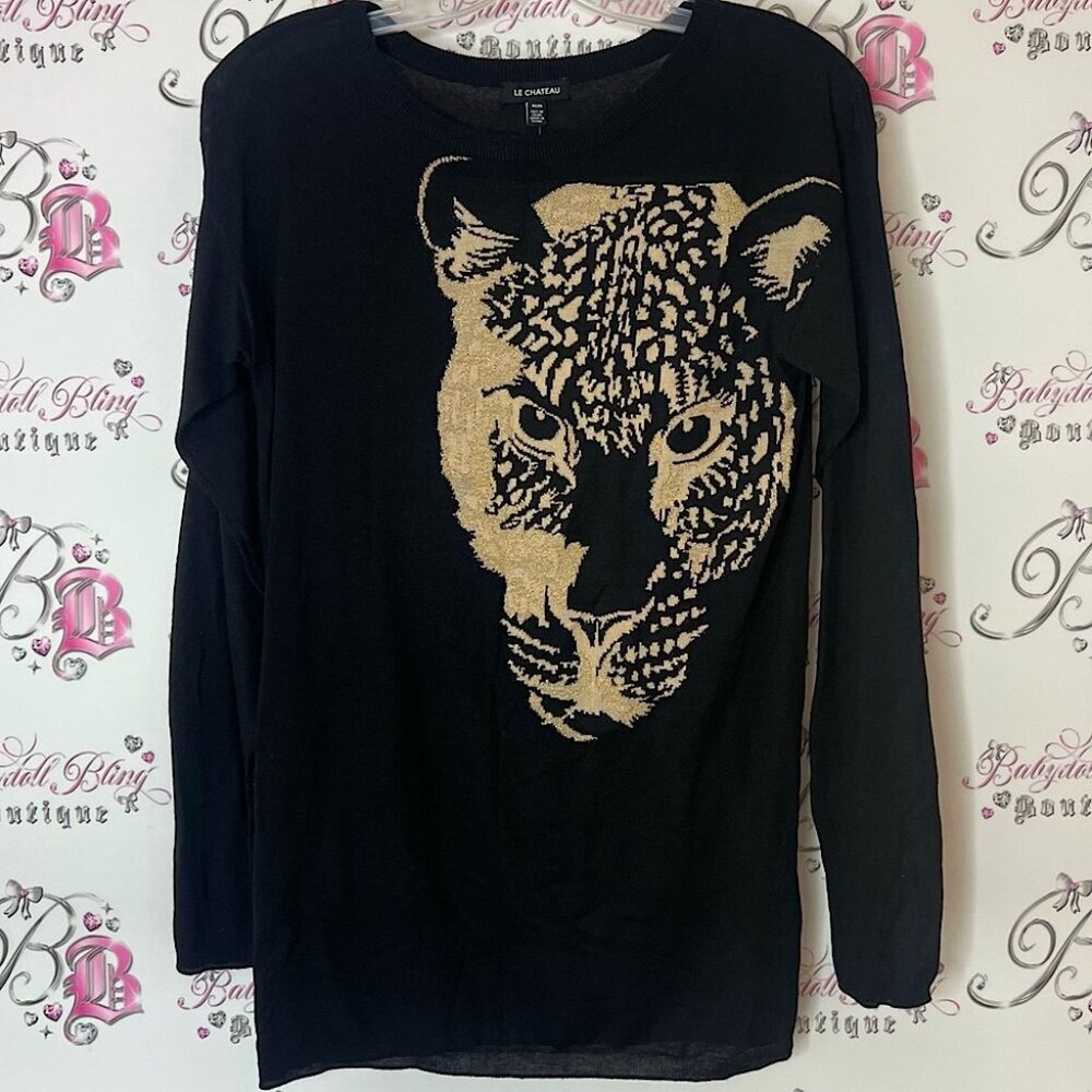 Le Chateau sweater top cheetah 🐆 cat animal knit Black Top with Gold Pattern